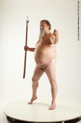 Nude Fighting with spear Man White Overweight Short Grey Realistic